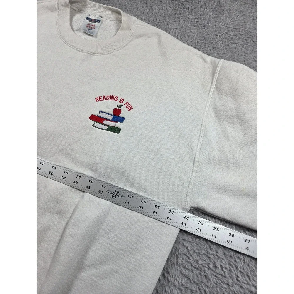 Jerzees Sweatshirt Large Cream Unisex Reading Is Fun Books Embroidered Vintage - Picture 3 of 7